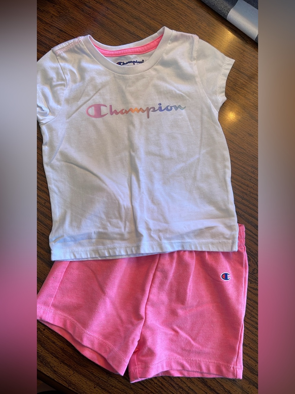 Champion White Tee with Pastel Logo & Pink Shorts